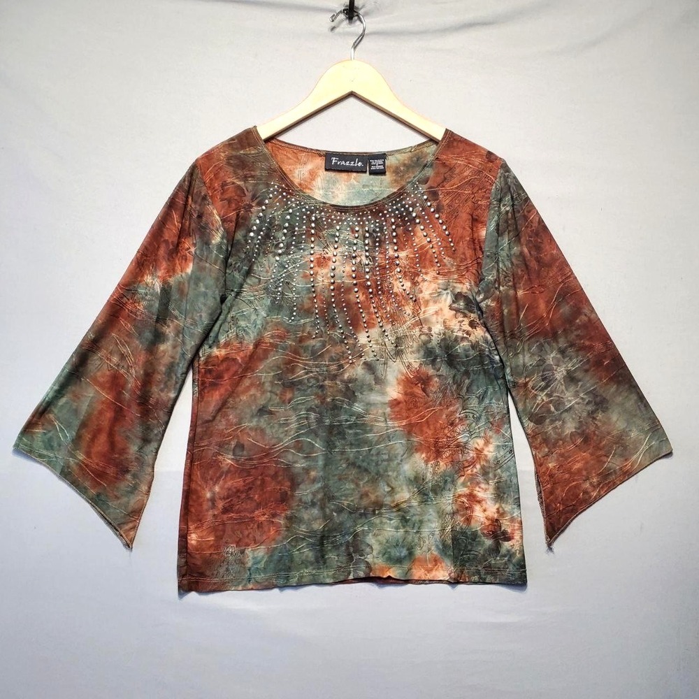 Frazzle Boho Bell Sleeve Top Womens Small‎ Earth Tone Tie Dye Rhinestone Artsy